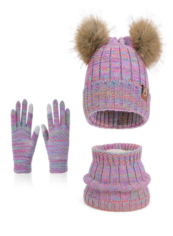 Kids Winter Hat Gloves Scarf Set,Girl Toddler Beanie Warm Fleece Beanie Knit Neck Scarf Mittens For Children 3-12 Years, 3 Piece Set-a-rainbow Mix, 3-12 Years