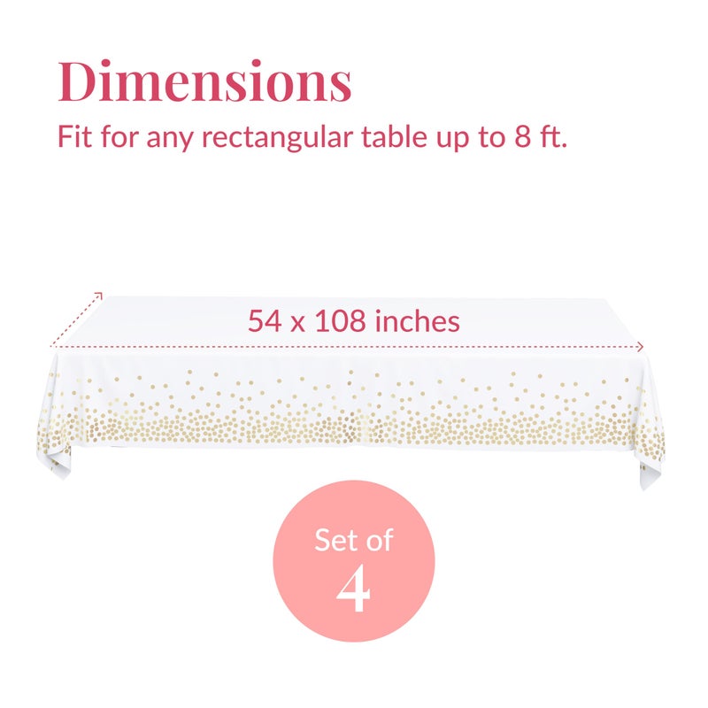 Prestee White and Gold Tablecloths, 4pk, 54x108 Inches - Party Table Cloths Disposable - Gold Dot Disposable Tablecloths - Plastic Table Cloth - Engagement Party Decorations, Baptism Decorations - Image 2