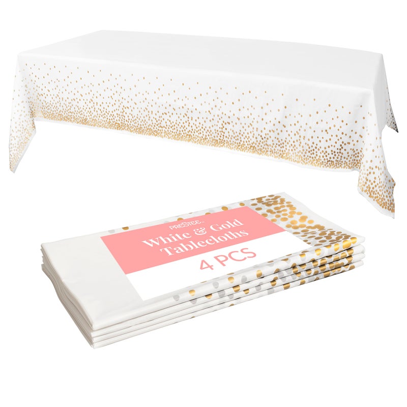 Prestee White and Gold Tablecloths, 4pk, 54x108 Inches - Party Table Cloths Disposable - Gold Dot Disposable Tablecloths - Plastic Table Cloth - Engagement Party Decorations, Baptism Decorations - Image 1
