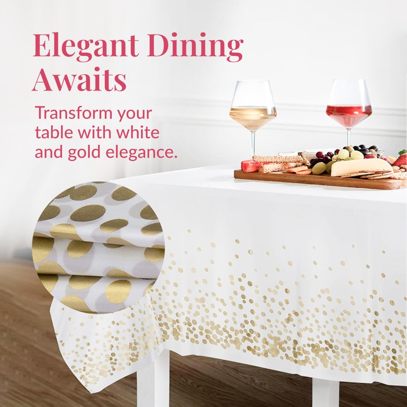Prestee White and Gold Tablecloths, 4pk, 54x108 Inches - Party Table Cloths Disposable - Gold Dot Disposable Tablecloths - Plastic Table Cloth - Engagement Party Decorations, Baptism Decorations - Image 3
