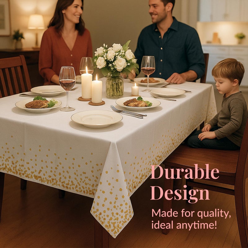 Prestee White and Gold Tablecloths, 4pk, 54x108 Inches - Party Table Cloths Disposable - Gold Dot Disposable Tablecloths - Plastic Table Cloth - Engagement Party Decorations, Baptism Decorations - Image 4