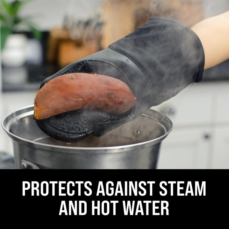 HOMWE BPA-Free Silicone Oven Mitts Ultra Heat Resistant up to 500Â°F - Oven Mitts with Thick Cotton Liner - Long Slip Resistant Pot Holders, Flexible Oven Gloves - Black 13.7" - Image 2