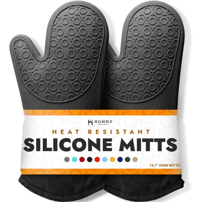 HOMWE BPA-Free Silicone Oven Mitts Ultra Heat Resistant up to 500Â°F - Oven Mitts with Thick Cotton Liner - Long Slip Resistant Pot Holders, Flexible Oven Gloves - Black 13.7" - Image 1