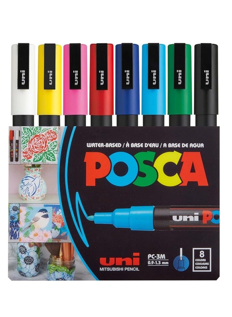 POSCA uni-ball Posca PC3M/8 Paint Marker Pen with Assorted Pigmentation Ink Fine Tip Set of 8 Pieces - Image 1