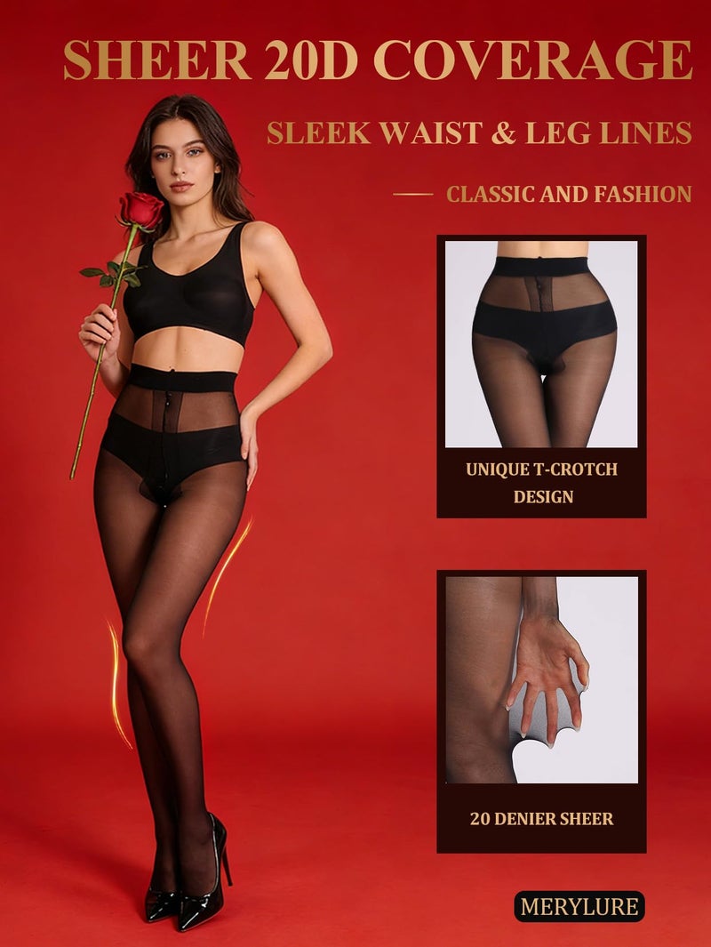 MERYLURE 20D Sheer Black Tights for Women, T-Crotch Ultra Thin Pantyhose High Waist Stockings Reinforced Toes 2 Pairs - Image 2