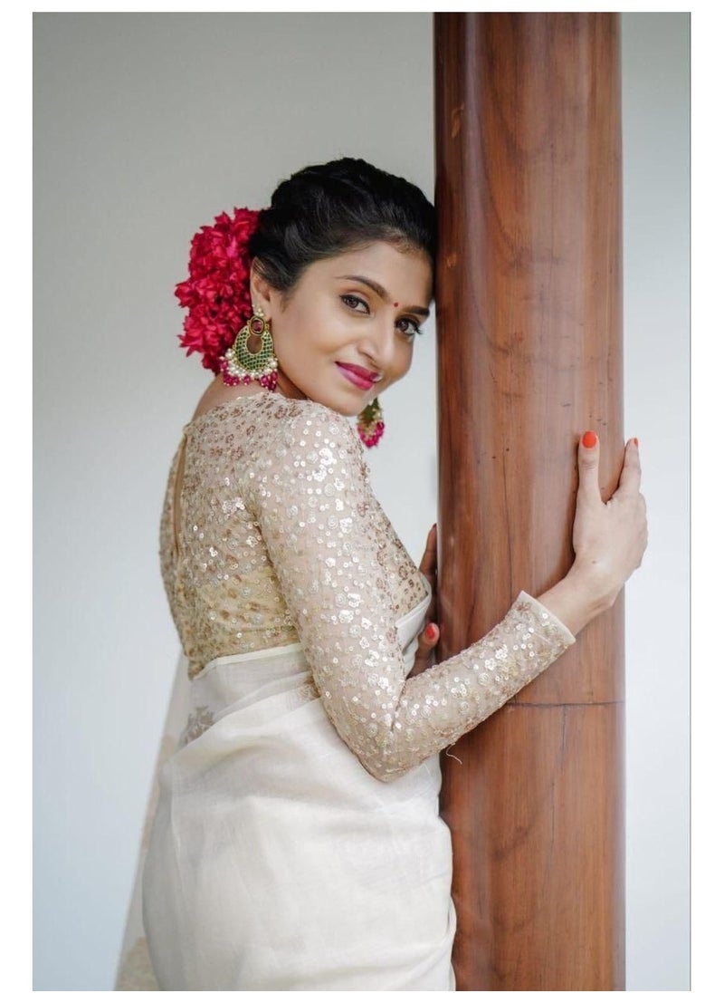 Grab Mantra - Linen Cotton Off White Golden Weaving Design Sari With Golden Sequence Work Unstitched Blouse - Image 1