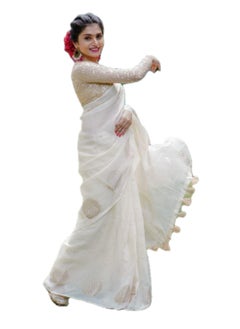 Grab Mantra Linen Cotton Off White Golden Weaving Design Sari With Golden Sequence Work Unstitched Blouse  - Image 1