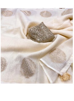 Grab Mantra Linen Cotton Off White Golden Weaving Design Sari With Golden Sequence Work Unstitched Blouse  - Image 3