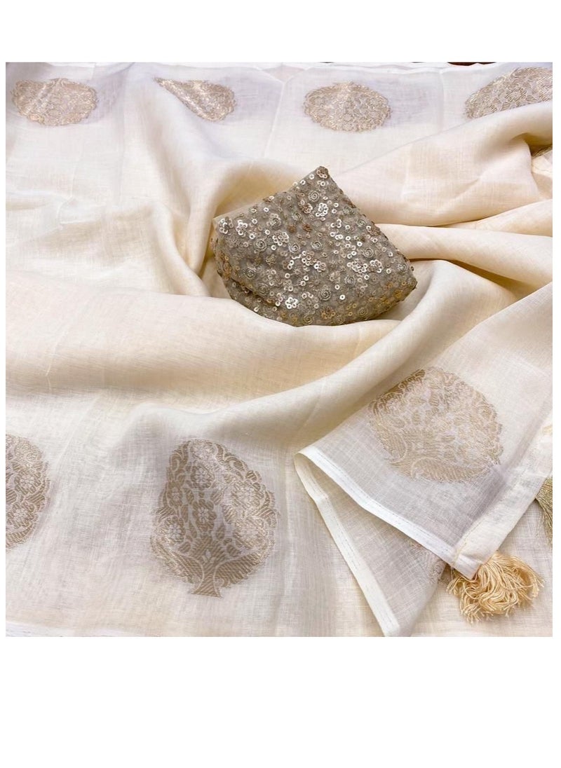 Grab Mantra - Linen Cotton Off White Golden Weaving Design Sari With Golden Sequence Work Unstitched Blouse - Image 1