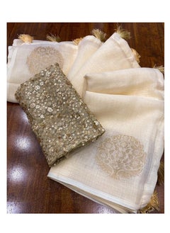 Grab Mantra Linen Cotton Off White Golden Weaving Design Sari With Golden Sequence Work Unstitched Blouse  - Image 2