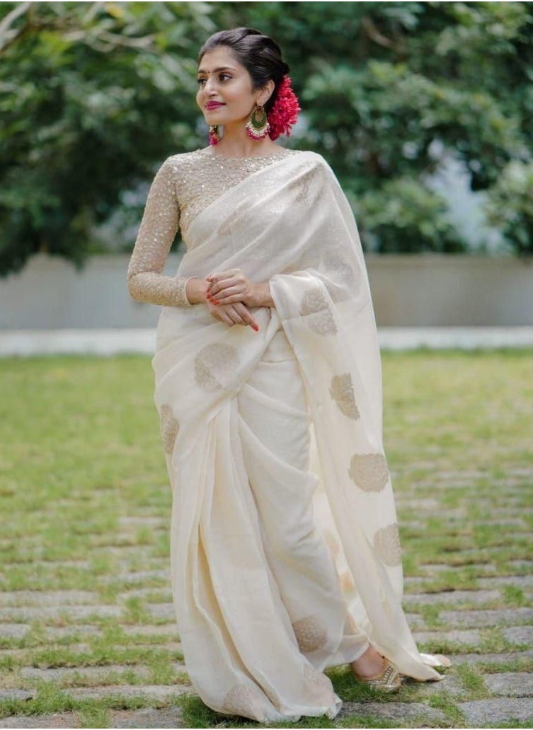 Grab Mantra - Linen Cotton Off White Golden Weaving Design Sari With Golden Sequence Work Unstitched Blouse - Image 1