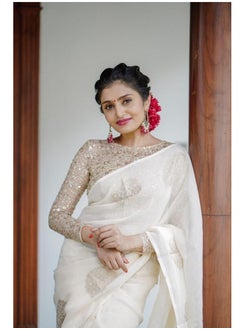 Grab Mantra Linen Cotton Off White Golden Weaving Design Sari With Golden Sequence Work Unstitched Blouse  - Image 5