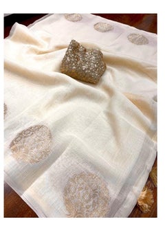 Grab Mantra Linen Cotton Off White Golden Weaving Design Sari With Golden Sequence Work Unstitched Blouse  - Image 4