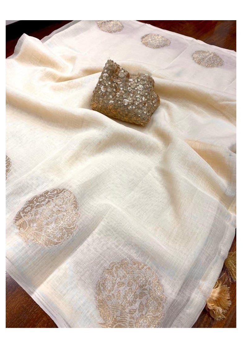 Grab Mantra - Linen Cotton Off White Golden Weaving Design Sari With Golden Sequence Work Unstitched Blouse - Image 1