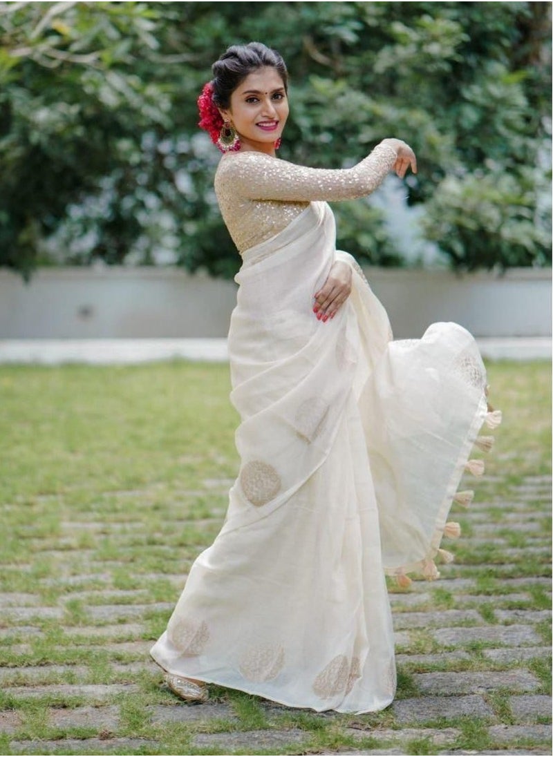 Grab Mantra - Linen Cotton Off White Golden Weaving Design Sari With Golden Sequence Work Unstitched Blouse - Image 1