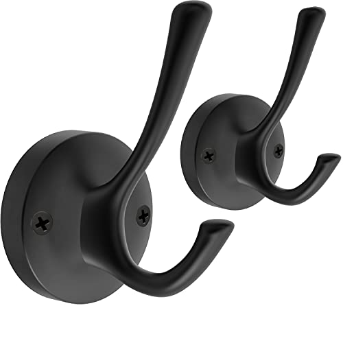 TOFIIGREM Black Towel Hooks, 2 Pack Coat Robe Hook Heavy Duty Metal Double Bathrobe Hook Wall Mounted, Hand Towels Hooks for Cubicle Bathroom Kitchen Closet Garage - Image 1