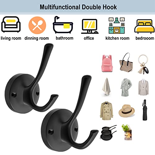 TOFIIGREM Black Towel Hooks, 2 Pack Coat Robe Hook Heavy Duty Metal Double Bathrobe Hook Wall Mounted, Hand Towels Hooks for Cubicle Bathroom Kitchen Closet Garage - Image 5