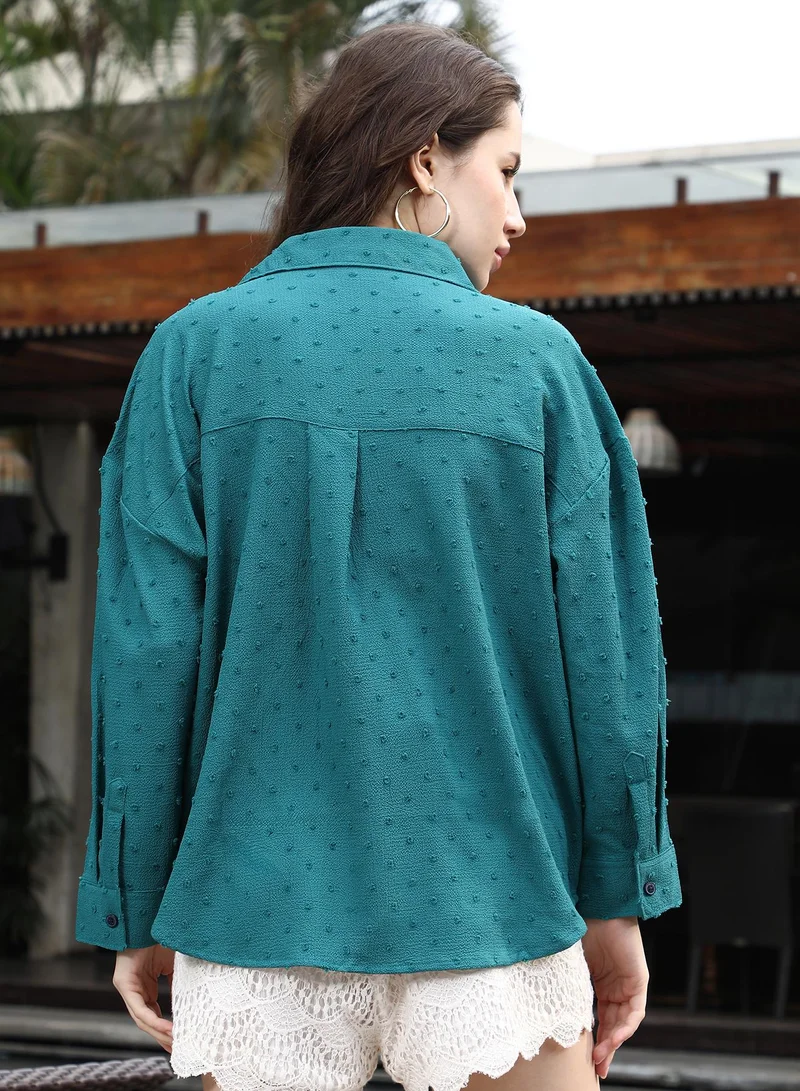 Pinacolada Women's Teal Green Pom-Pom Textured Oversized Shirt Women's Teal Green Pom-Pom Textured Oversized Shirt  | Best Price UAE
