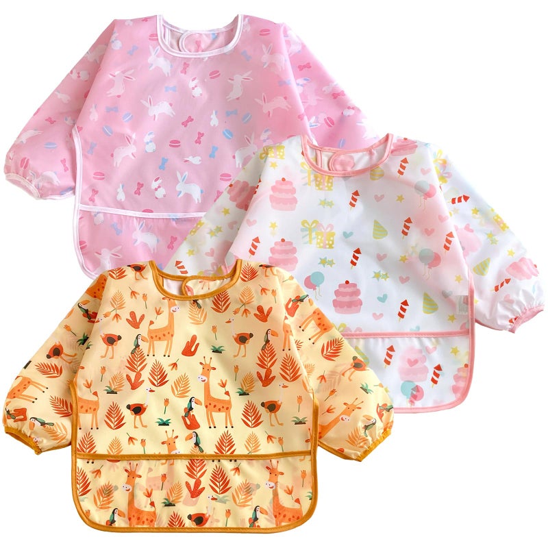 PandaEar (3 Pack Long Sleeve Bibs| Waterproof Full Sleeve Bib for Baby Infant Toddler 6-36 Months (Cake Bunny Giraffe Girl) - Image 1