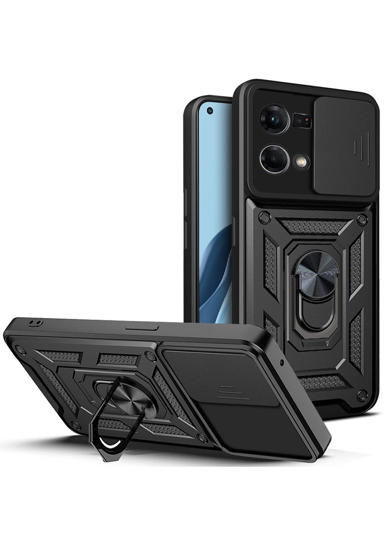 Case Cover Shockproof Windows Protective Case with Camera Protection and Metal Ring Compatible with Oppo Reno 7 4G / Reno 8 4G (Black) - Image 1