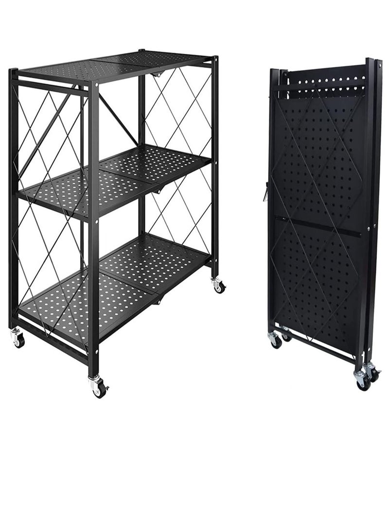 Foldable Standing Shelf,Units Storage Rack,Metal Heavy Duty Storage Shelf with Wheels, No Need Install Storage Rack (Black, 3-tier) - Image 1
