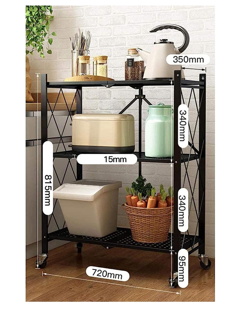 Foldable Standing Shelf,Units Storage Rack,Metal Heavy Duty Storage Shelf with Wheels, No Need Install Storage Rack (Black, 3-tier) - Image 2