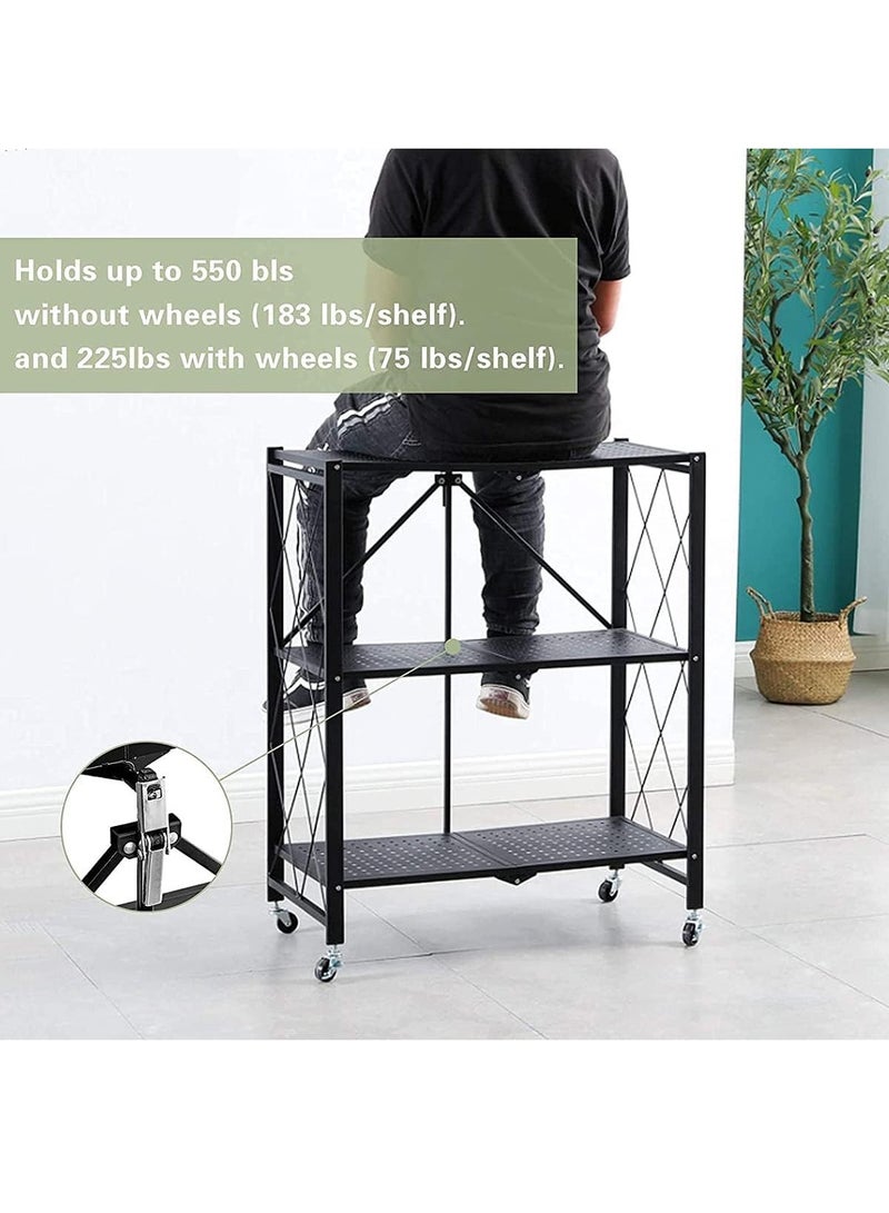 Foldable Standing Shelf,Units Storage Rack,Metal Heavy Duty Storage Shelf with Wheels, No Need Install Storage Rack (Black, 3-tier) - Image 4