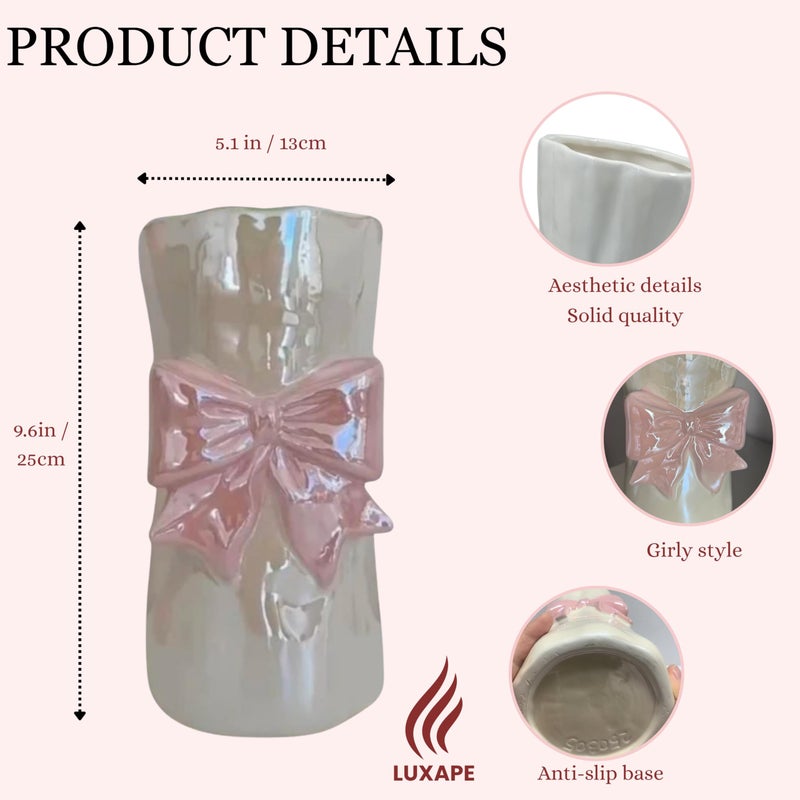 Luxape Bow Flower vase, Bow vase for Flowers, Pink Bow Ceramic Vase â€“ Cute Vase with Shiny Glaze, Modern vase Decor (Pink Bow) - Image 4