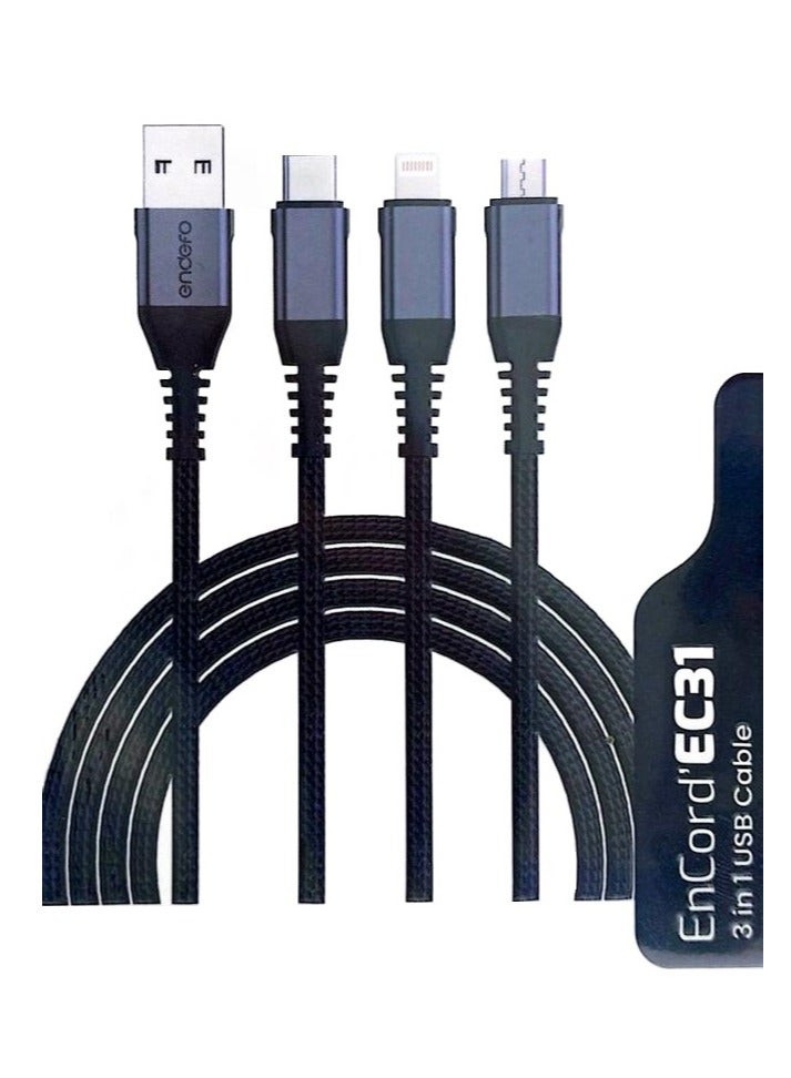 endefo كابل USB مضفر من النايلون 3 في 1، لايتنينغ، مايكرو، تايب-سي - Image 1