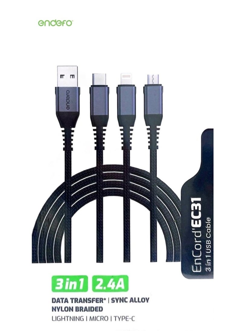 endefo كابل USB مضفر من النايلون 3 في 1، لايتنينغ، مايكرو، تايب-سي - Image 2