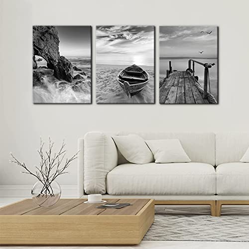 Pacimo 3 Panels Set Framed Canvas Wall Art Print for Seascape Beach and Boat Sunrise Scenery Black and White Giclee Canvas Print Modern Artwork for Wall Decor Ready to Hang 12 x 16 x 3 - Image 3