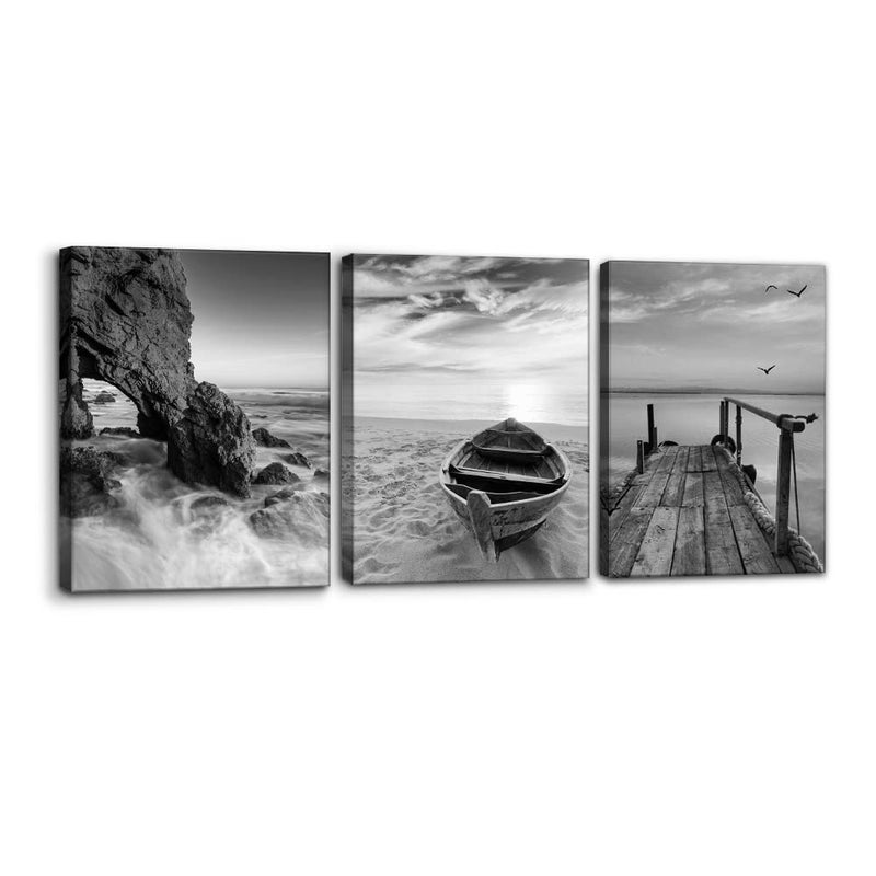 Pacimo 3 Panels Set Framed Canvas Wall Art Print for Seascape Beach and Boat Sunrise Scenery Black and White Giclee Canvas Print Modern Artwork for Wall Decor Ready to Hang 12 x 16 x 3 - Image 2