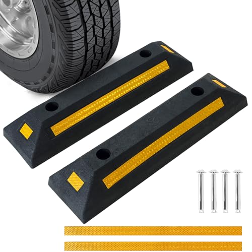 DASBET 2 Pack Heavy Duty Rubber Parking Block Parking Curb | Wheel Stop Stoppers with Yellow Reflective Stripes for Car, Truck, RV, Trailer, and Garage (2) - Image 1
