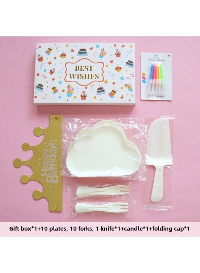 Birthday Dinner Plate Cake Tableware Food Grade Plastic Dinner Plate Disposable Paper Plate Candle Wet Wipes Four-in-one-Color:Classic White Clouds For Ten People - Image 1