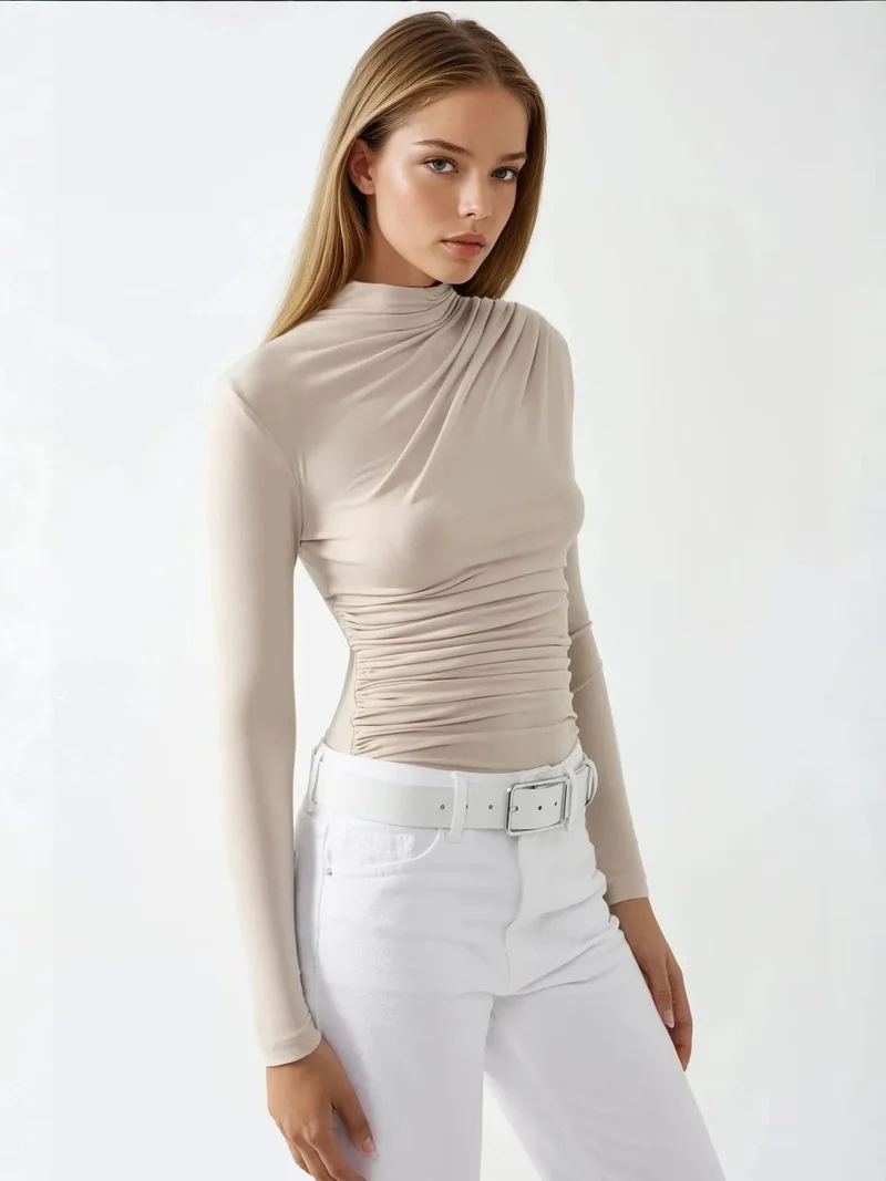 HICCUP Cream Natural High Collar Drape Detail Blouse for Women | Best Price UAE