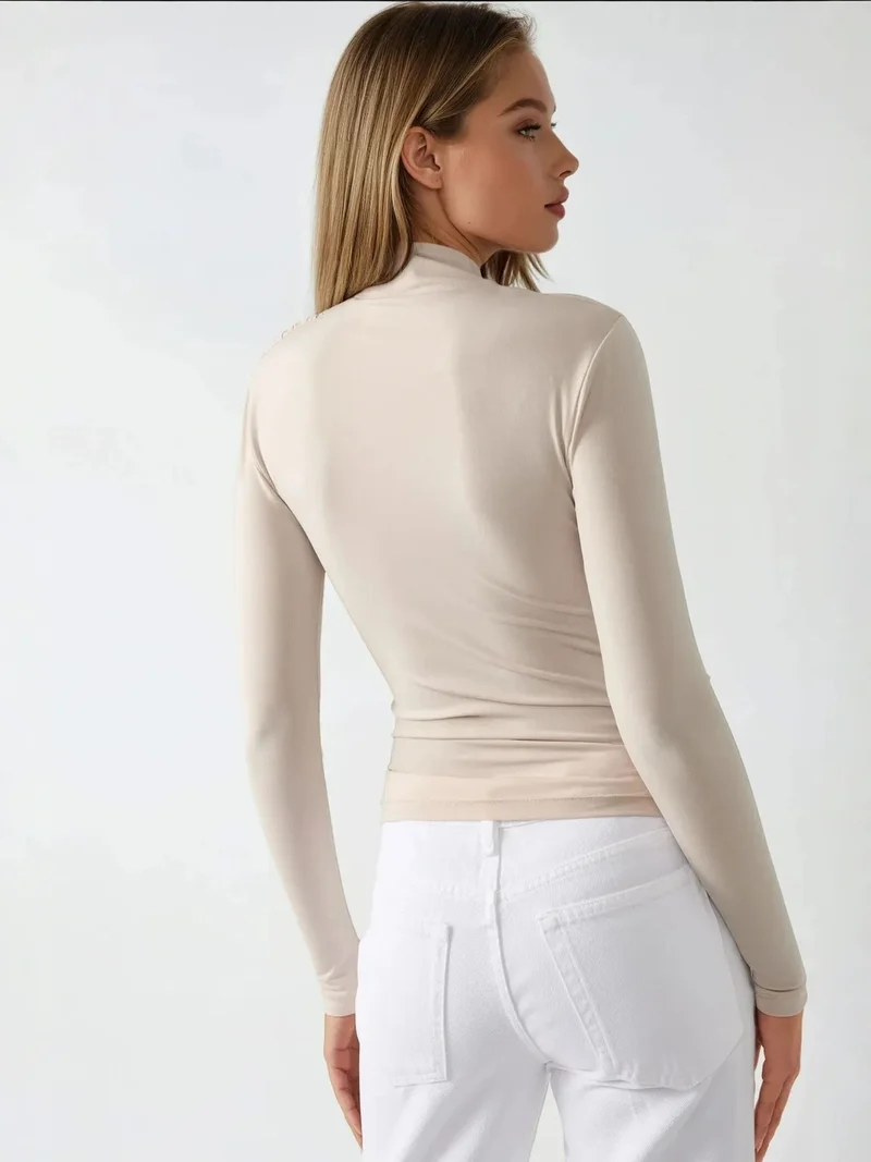 HICCUP Cream Natural High Collar Drape Detail Blouse for Women | Best Price UAE