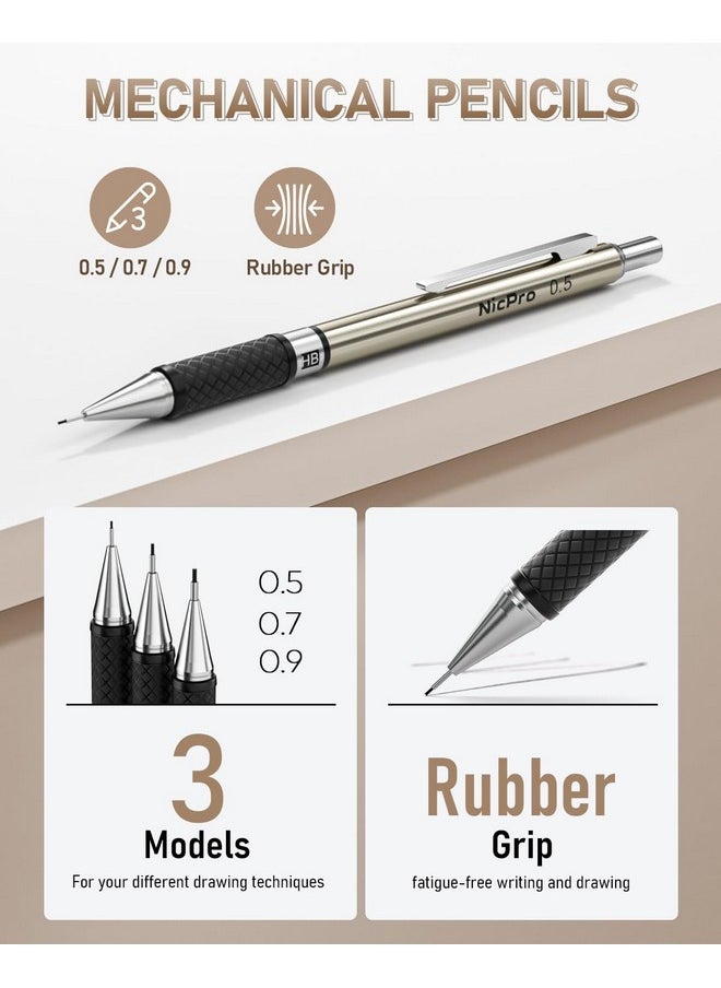 Nicpro 35Pcs Art Mechanical Pencil Set, 3 Pcs Metal Drafting Pencil 0.5 Mm & 0.7 Mm & 0.9 Mm & 3 Pcs 2Mm Lead Holder (6B 4B 2B Hb 2H 4H Colors) For Sketching Drawing With 20 Tube Lead Refills Case  - Image 2