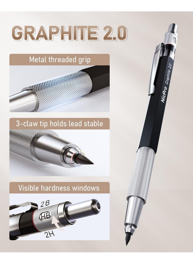 Nicpro 35Pcs Art Mechanical Pencil Set, 3 Pcs Metal Drafting Pencil 0.5 Mm & 0.7 Mm & 0.9 Mm & 3 Pcs 2Mm Lead Holder (6B 4B 2B Hb 2H 4H Colors) For Sketching Drawing With 20 Tube Lead Refills Case  - Image 3