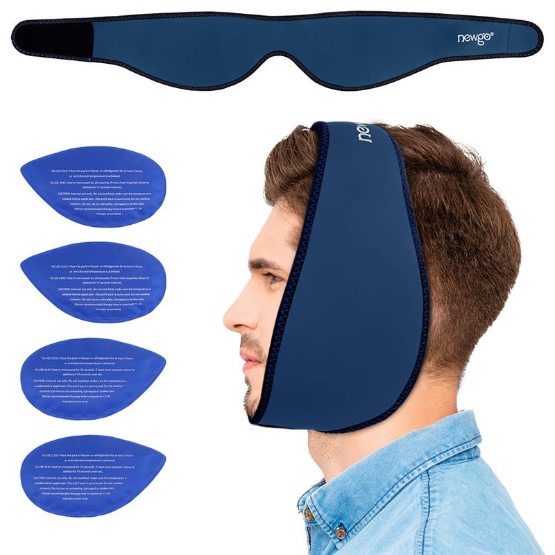 NEWGO Wisdom Teeth Ice Pack Head Wrap Jaw Ice Wrap for Face Oral Surgery Pain Relief Face Ice Pack with 4 HotCold Packs for Facial Chin Jaw Dark Blue