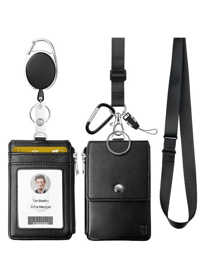 ELV Badge Holder Id Badge Card Holder Wallet With 5 Card Slots 1 Rfid Blocking Pocket Retractable Reel And Neck Lanyard Strap For Offices Id School Id Driver Licence  - Image 1