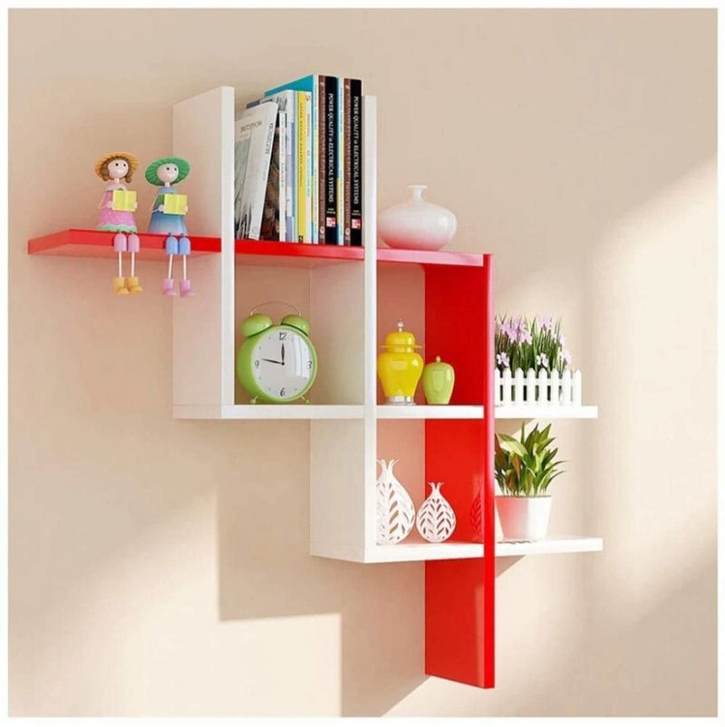Shoper cart Wall Shelves for Living Room Stylish WoodenWall Mounted Book ShelfWall Shelf for Photos Decorations in Living Room Kitchen Hallway Bedroom BathroomBent shelve REDWhite