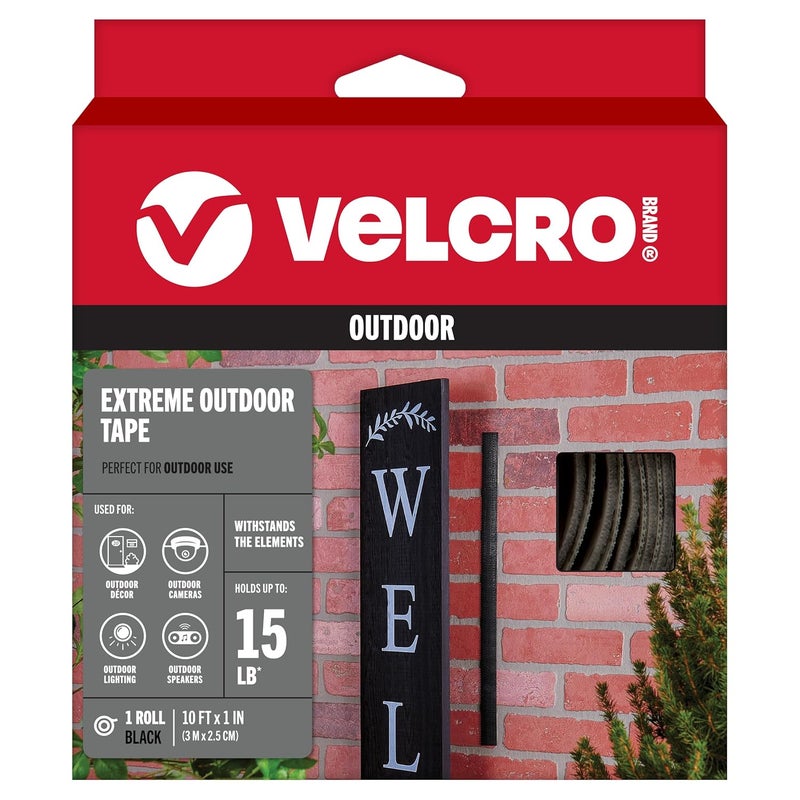 Velcro شريط خارجي ثقيل من علامة تجارية إكستريم | 10 قدم × 1 بوصة | يحمل 15 رطل | أسود مع لاصق ملصق | قوة تحمل قوية مقاومة للطقس - 91843 - Image 1