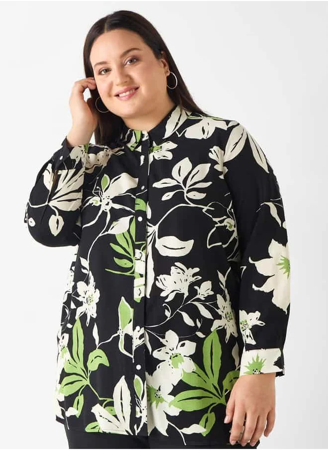 Ulla Popken Plus Size Ulla Popken Floral Print Shirt with Button Closure