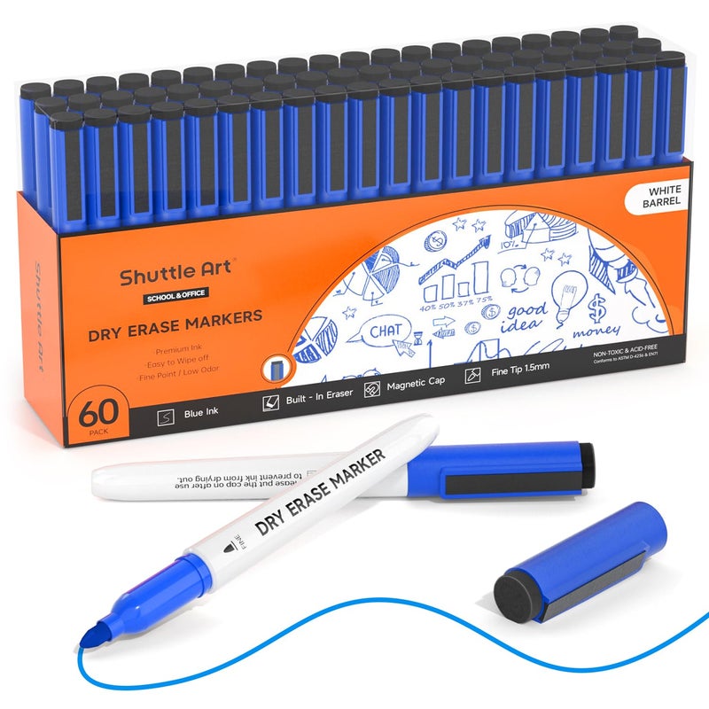 Shuttle Art Blue Dry Erase Markers, 60 Pack Magnetic Whiteboard Markers with Erase,Fine Point Dry Erase Markers Perfect For Writing on Whiteboards, Dry-Erase Boards,Mirrors for School Office Home - Image 1