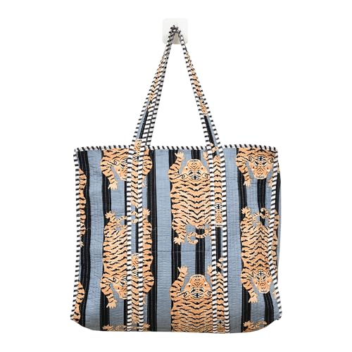 MITTICO Quilted Cotton Tote Bag for Women – Handmade Large Shoulder Handbag with Zipper & Multiple Pockets | Lightweight Travel Tote for Office, Shopping & Daily Use | Black Stripe Tiger Print - Image 1