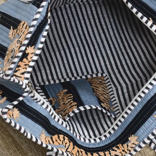 MITTICO Quilted Cotton Tote Bag for Women – Handmade Large Shoulder Handbag with Zipper & Multiple Pockets | Lightweight Travel Tote for Office, Shopping & Daily Use | Black Stripe Tiger Print - Image 4