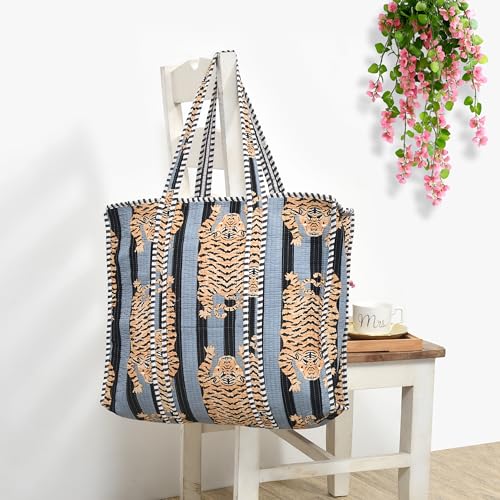 MITTICO Quilted Cotton Tote Bag for Women – Handmade Large Shoulder Handbag with Zipper & Multiple Pockets | Lightweight Travel Tote for Office, Shopping & Daily Use | Black Stripe Tiger Print - Image 2