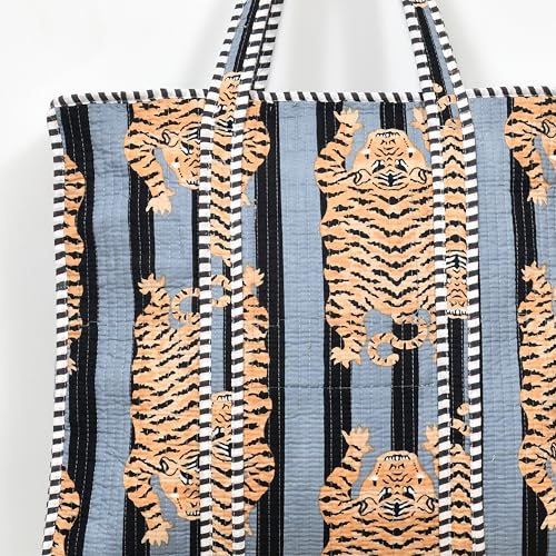 MITTICO Quilted Cotton Tote Bag for Women – Handmade Large Shoulder Handbag with Zipper & Multiple Pockets | Lightweight Travel Tote for Office, Shopping & Daily Use | Black Stripe Tiger Print - Image 5