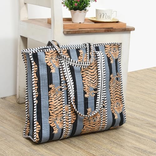 MITTICO Quilted Cotton Tote Bag for Women – Handmade Large Shoulder Handbag with Zipper & Multiple Pockets | Lightweight Travel Tote for Office, Shopping & Daily Use | Black Stripe Tiger Print - Image 3