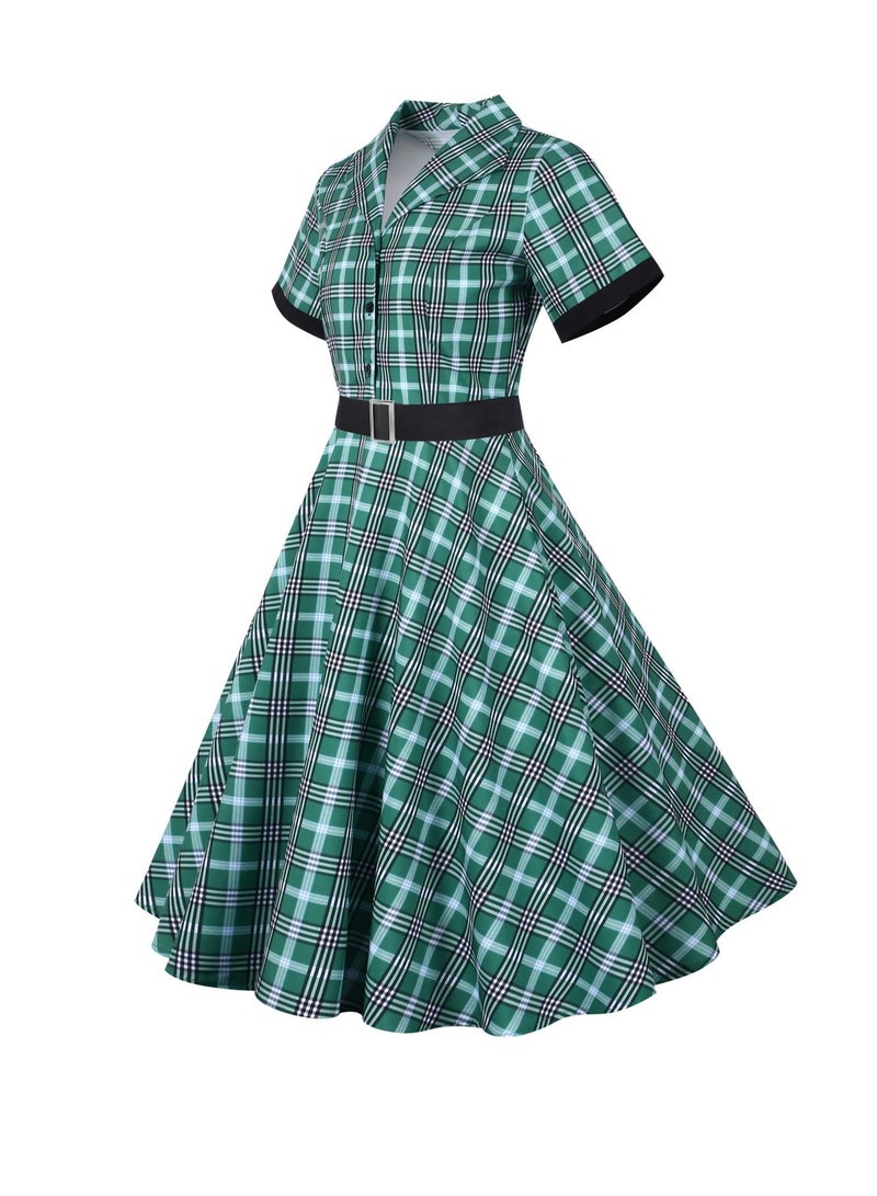 Loquat Standing Neck Single Breasted Short Sleeved Plaid Short Sleeved Waistband Large Swing Dress Cyan  - Image 2